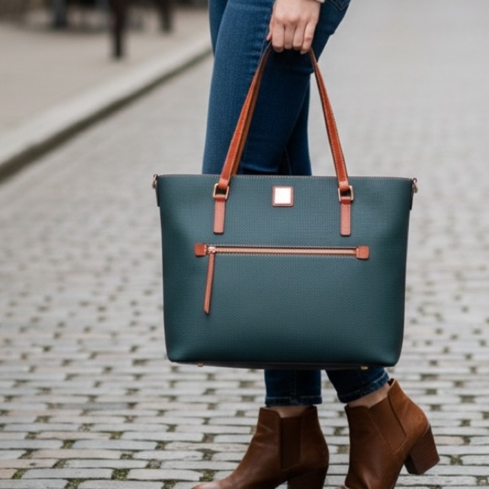 Dooney & Bourke Pebble Grain Shopper Tote bag in dark green with tan straps
